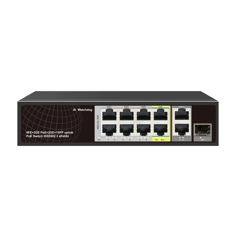 PoE-8(6M-2GBT)-2G-1SFP(1~6 port af/at x 10/100Mbps; 7~8 bt port x 10/100/1000Mbps, 2-ports 1000Mbps uplink, 1port SPF)